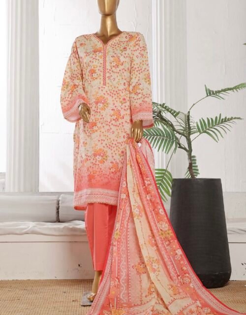 Bin Saeed Stitched 3 Piece Printed Cotton Collection '2024 - Light Pink