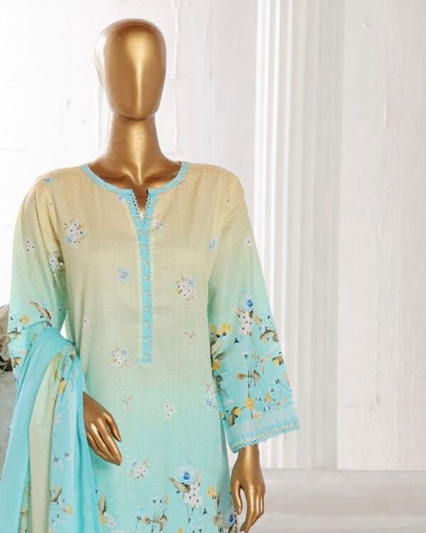 Bin Saeed Stitched 3 Piece Printed Cotton Collection '2024 - Aqua - Image 2