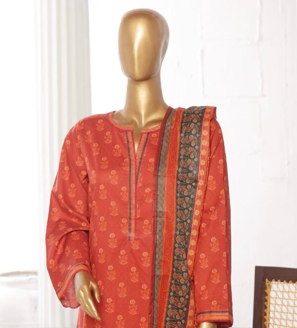 Bin Saeed Stitched 3 Piece Printed Cotton Collection '2024 - Rust - Image 2