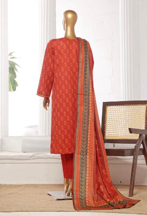 Bin Saeed Stitched 3 Piece Printed Cotton Collection '2024 - Rust - Image 3