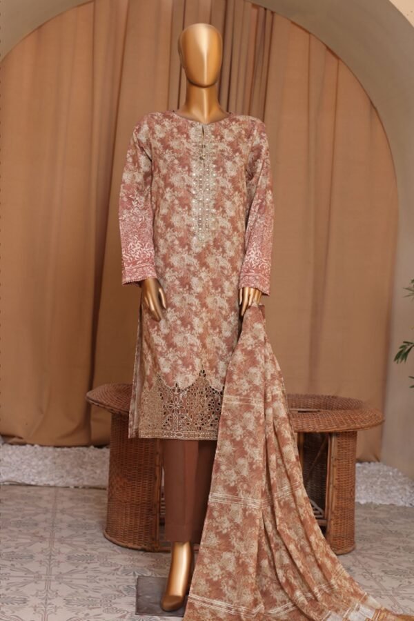 Mahee By HZ Unstitched 3 Piece Emb Cotton Lawn Collection'2024 - Brown
