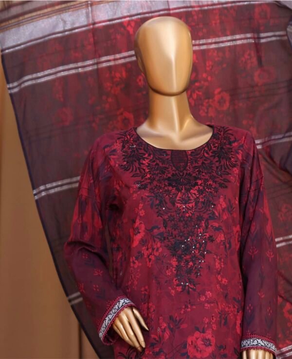 Mahee By HZ Unstitched 3 Piece Emb Cotton Lawn Collection'2024 - Red - Image 3