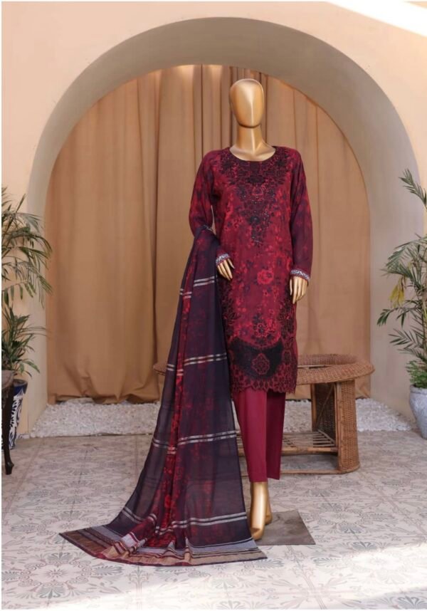 Mahee By HZ Unstitched 3 Piece Emb Cotton Lawn Collection'2024 - Red