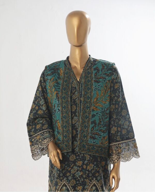 Bin Saeed Stitched 3 Piece Embroidered Khaddar Coat Collection - Teal - Image 3