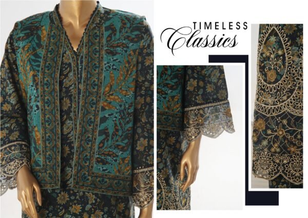 Bin Saeed Stitched 3 Piece Embroidered Khaddar Coat Collection - Teal - Image 2