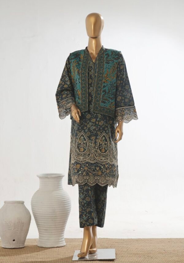Bin Saeed Stitched 3 Piece Embroidered Khaddar Coat Collection - Teal
