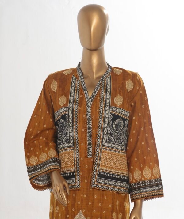 Bin Saeed Stitched 3 Piece Embroidered Khaddar Coat Collection - Mustard - Image 3