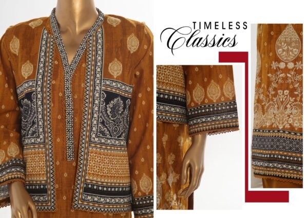 Bin Saeed Stitched 3 Piece Embroidered Khaddar Coat Collection - Mustard - Image 2