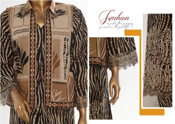 Bin Saeed Stitched 3 Piece Embroidered Khaddar Coat Collection - Black - Image 2