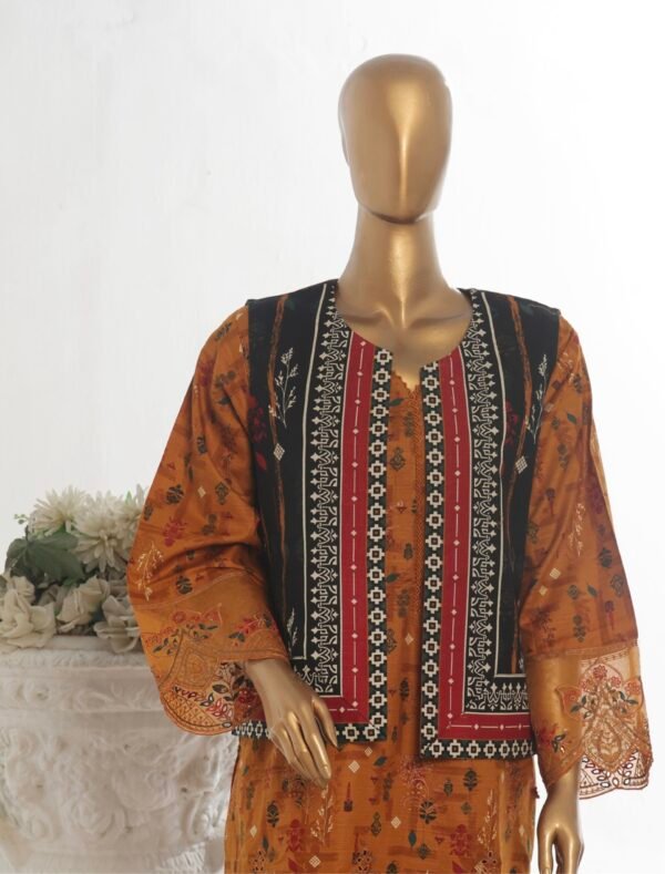 Bin Saeed Stitched 3 Piece Embroidered Khaddar Coat Collection - Mustard Yellow - Image 3
