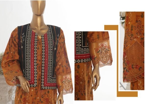 Bin Saeed Stitched 3 Piece Embroidered Khaddar Coat Collection - Mustard Yellow - Image 2