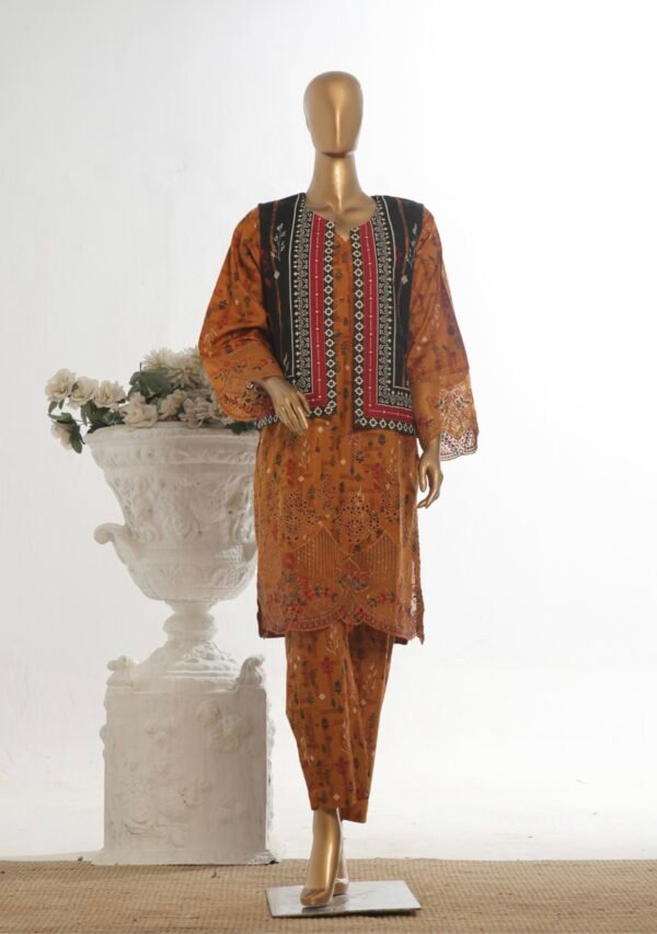Bin Saeed Stitched 3 Piece Embroidered Khaddar Coat Collection - Mustard Yellow