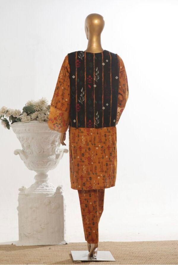 Bin Saeed Stitched 3 Piece Embroidered Khaddar Coat Collection - Mustard Yellow - Image 4