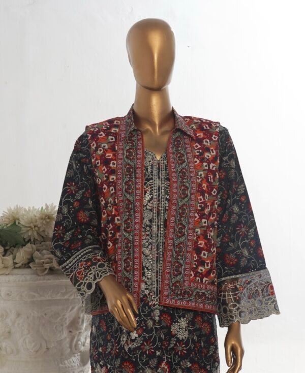 Bin Saeed Stitched 3 Piece Embroidered Khaddar Coat Collection - Navy Blue - Image 3