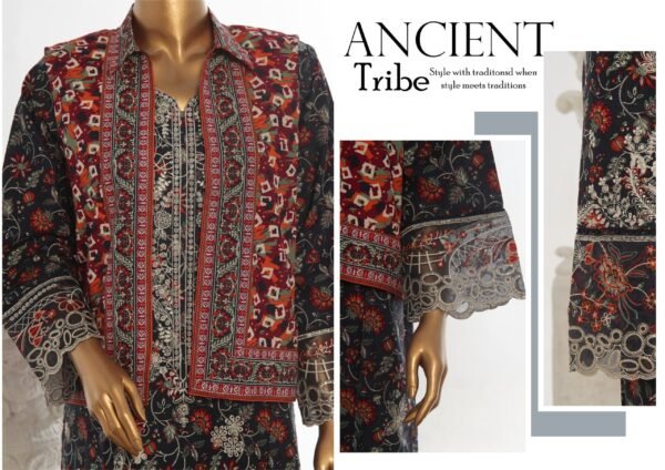 Bin Saeed Stitched 3 Piece Embroidered Khaddar Coat Collection - Navy Blue - Image 2