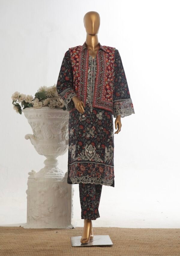 Bin Saeed Stitched 3 Piece Embroidered Khaddar Coat Collection - Navy Blue