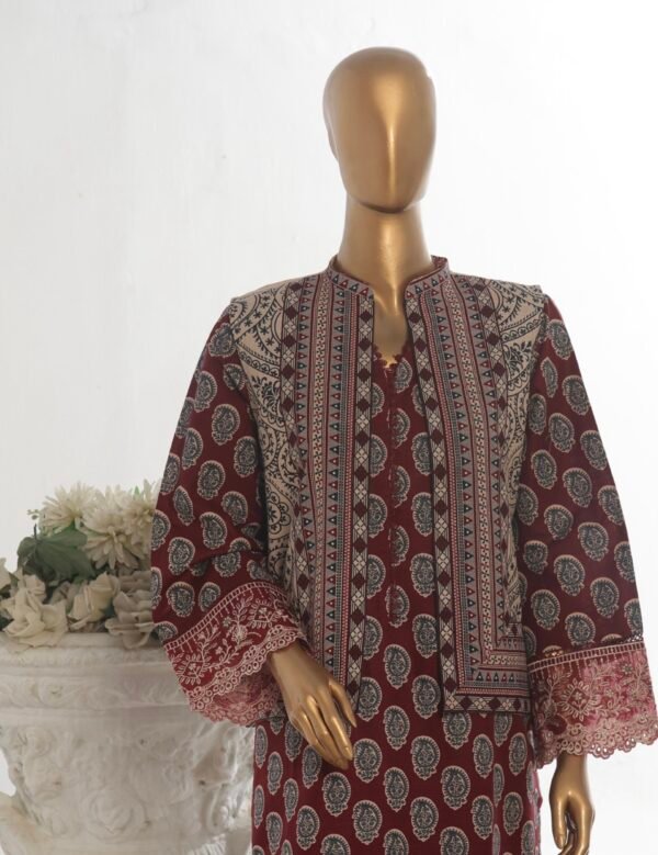 Bin Saeed Stitched 3 Piece Embroidered Khaddar Coat Collection - Maroon - Image 3
