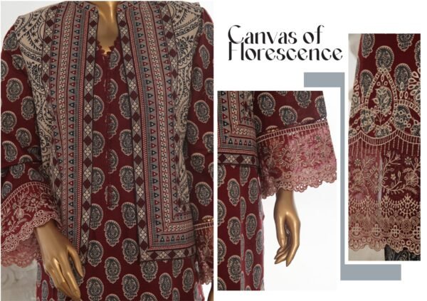 Bin Saeed Stitched 3 Piece Embroidered Khaddar Coat Collection - Maroon - Image 2