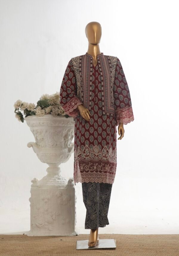 Bin Saeed Stitched 3 Piece Embroidered Khaddar Coat Collection - Maroon