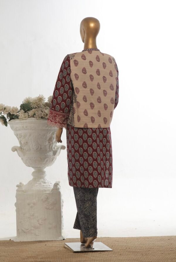 Bin Saeed Stitched 3 Piece Embroidered Khaddar Coat Collection - Maroon - Image 4