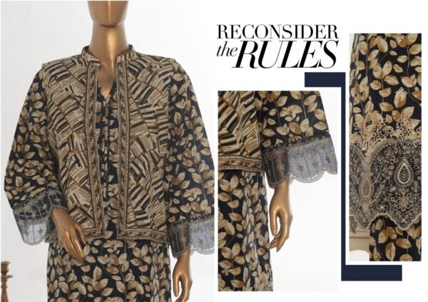 Bin Saeed Stitched 3 Piece Embroidered Khaddar Coat Collection - Black - Image 2
