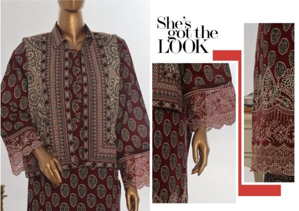 Bin Saeed Stitched 3 Piece Embroidered Khaddar Coat Collection - Maroon - Image 2