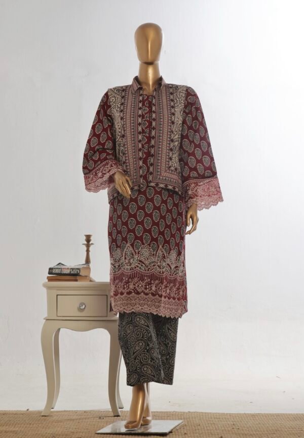 Bin Saeed Stitched 3 Piece Embroidered Khaddar Coat Collection - Maroon