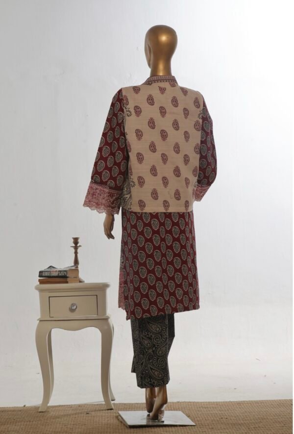 Bin Saeed Stitched 3 Piece Embroidered Khaddar Coat Collection - Maroon - Image 3