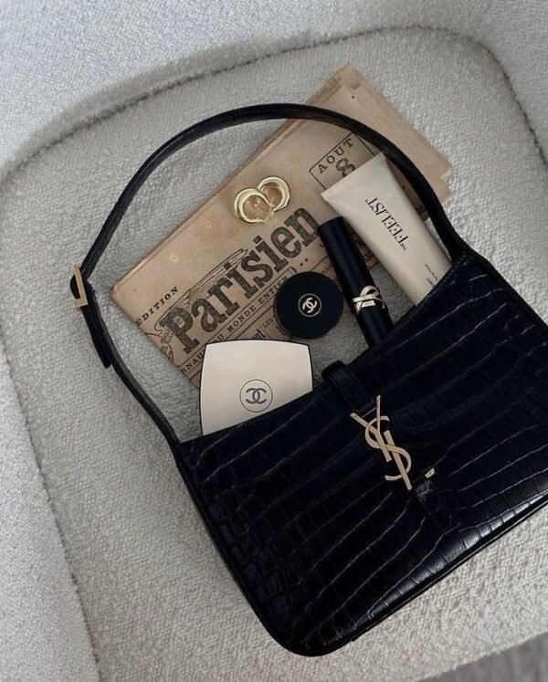 Luxury Leather Handbag with Gold Monogram - Crocodile Embossed - Image 2