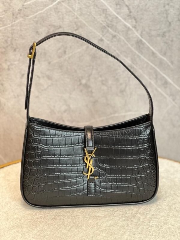 Luxury Leather Handbag with Gold Monogram - Crocodile Embossed