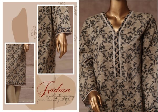 Bin Saeed Stitched 3 Piece Printed Cotton Collection '2024 Vol.2- Beige - Image 2