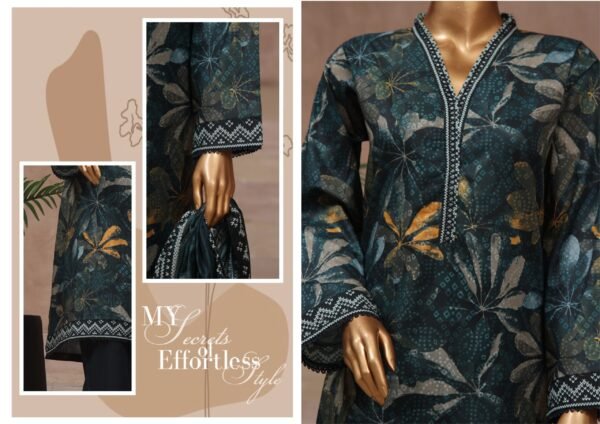 Bin Saeed Stitched 3 Piece Printed Cotton Collection '2024 Vol.2- Dark Teal - Image 2