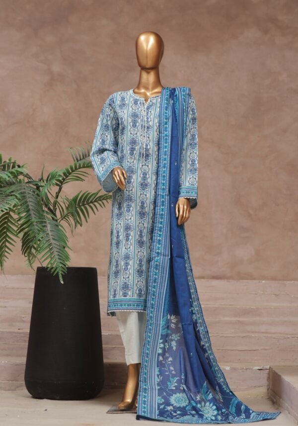 Bin Saeed Stitched 3 Piece Printed Cotton Collection '2024 Vol.2- Blue