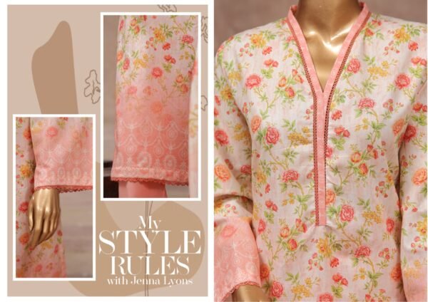 Bin Saeed Stitched 3 Piece Printed Cotton Collection '2024 Vol.2- Light Peach - Image 2