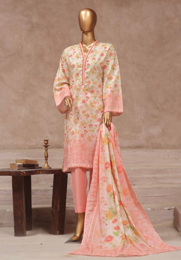 Bin Saeed Stitched 3 Piece Printed Cotton Collection '2024 Vol.2- Light Peach