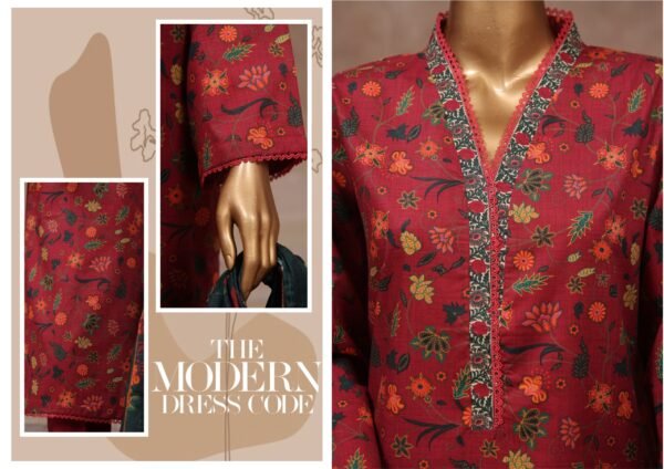 Bin Saeed Stitched 3 Piece Printed Cotton Collection '2024 Vol.2- Maroon - Image 2