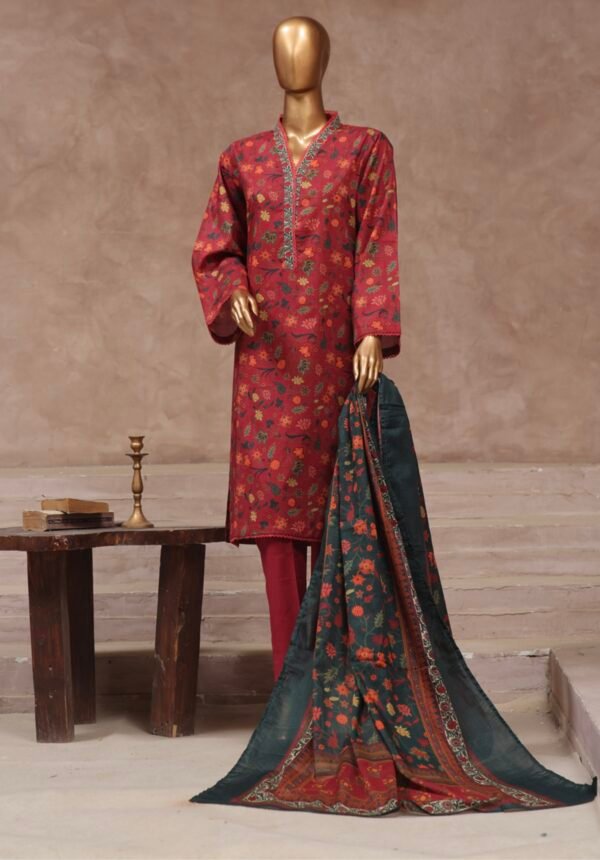 Bin Saeed Stitched 3 Piece Printed Cotton Collection '2024 Vol.2- Maroon