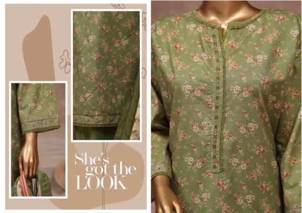 Bin Saeed Stitched 3 Piece Printed Cotton Collection '2024 Vol.2- Olive Green - Image 2