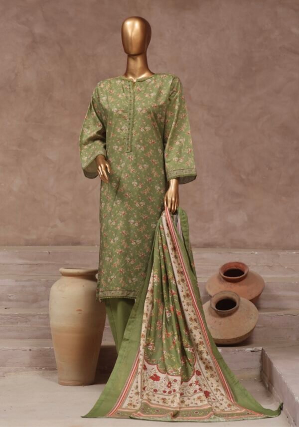 Bin Saeed Stitched 3 Piece Printed Cotton Collection '2024 Vol.2- Olive Green