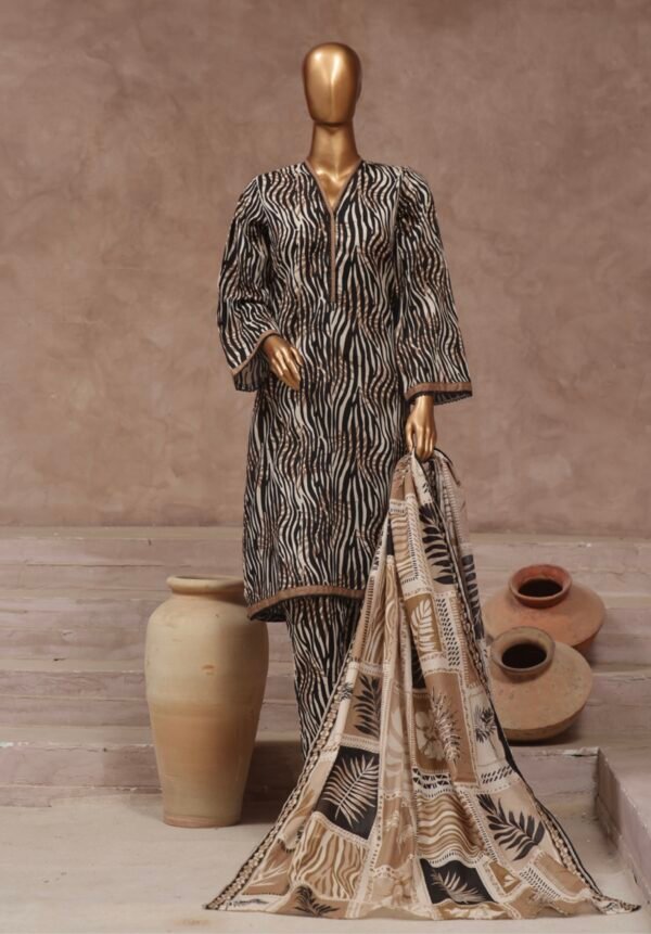Bin Saeed Stitched 3 Piece Printed Cotton Collection '2024 Vol.2- Khaki