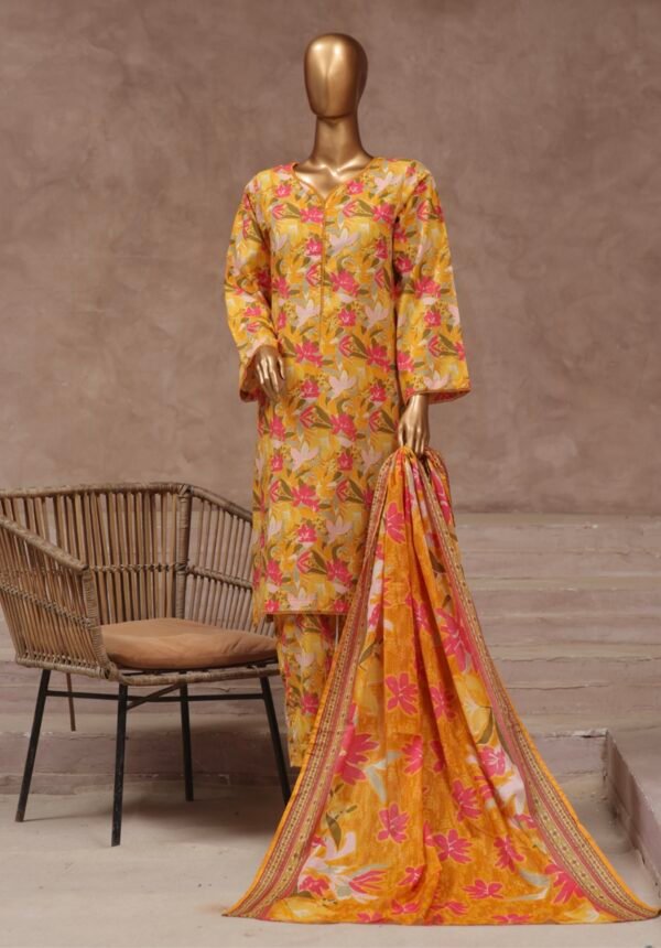 Bin Saeed Stitched 3 Piece Printed Cotton Collection '2024 Vol.2- Golden Yellow
