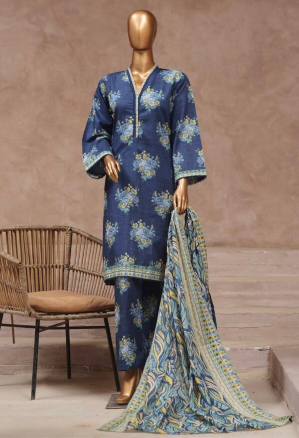 Bin Saeed Stitched 3 Piece Printed Cotton Collection '2024 Vol.2- Turquoise