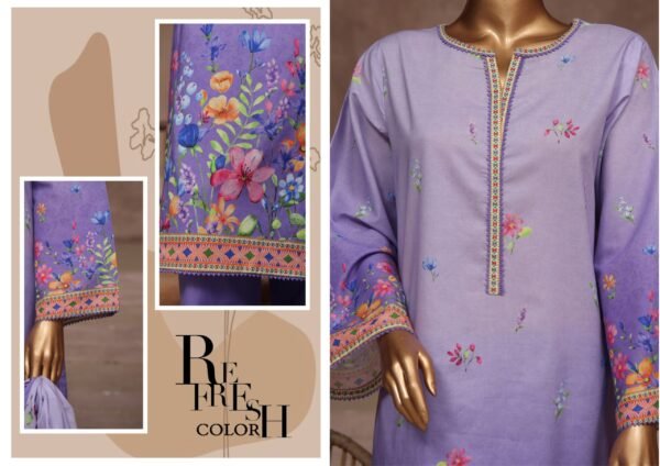 Bin Saeed Stitched 3 Piece Printed Cotton Collection '2024 Vol.2- Lilac - Image 2