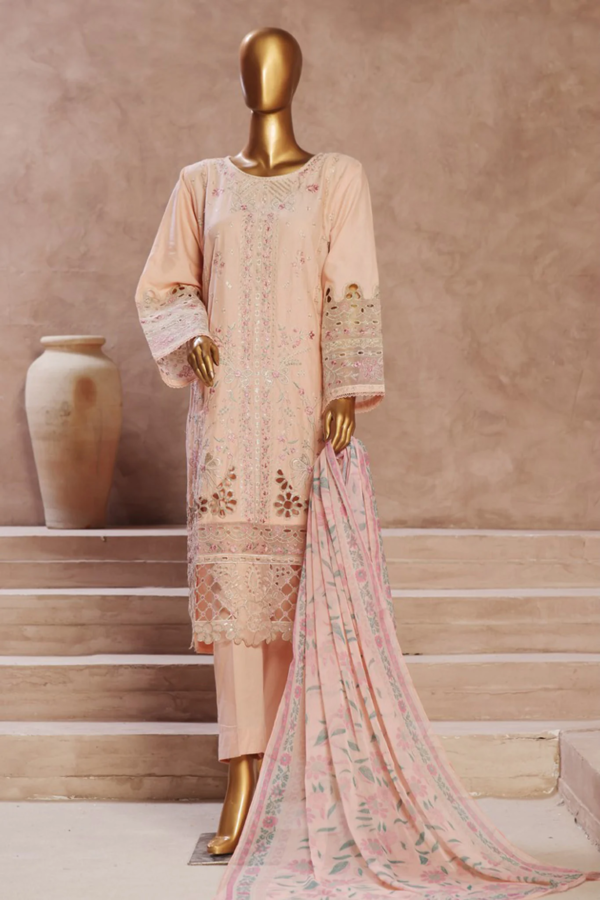 Bin Saeed Stitched 3 Piece Luxury Emb Cotton Collection - Peach