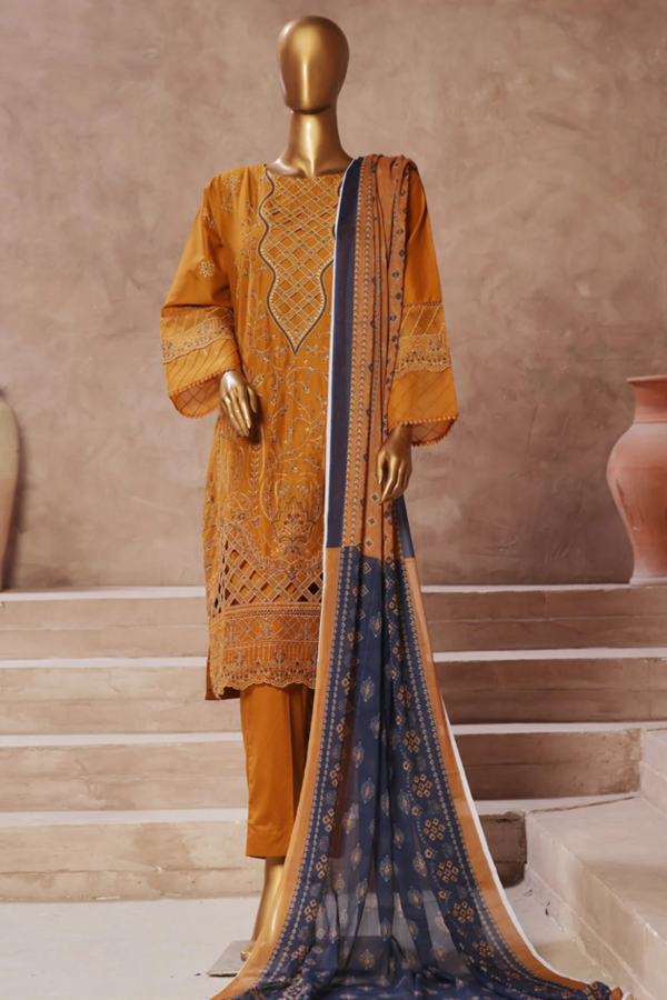 Bin Saeed Stitched 3 Piece Luxury Emb Cotton Collection - Mustard