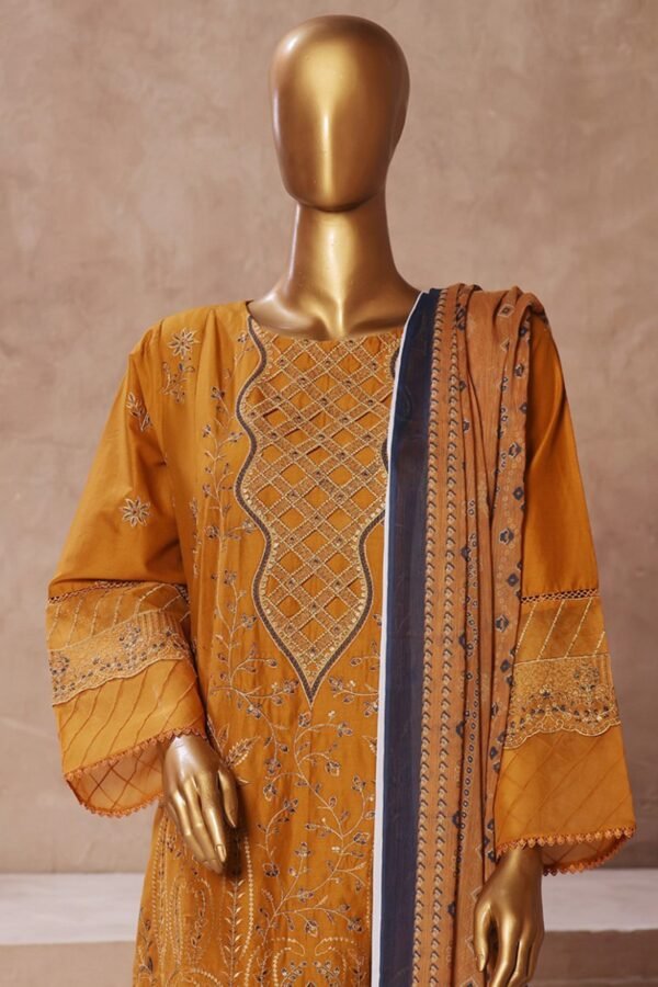 Bin Saeed Stitched 3 Piece Luxury Emb Cotton Collection - Mustard - Image 2