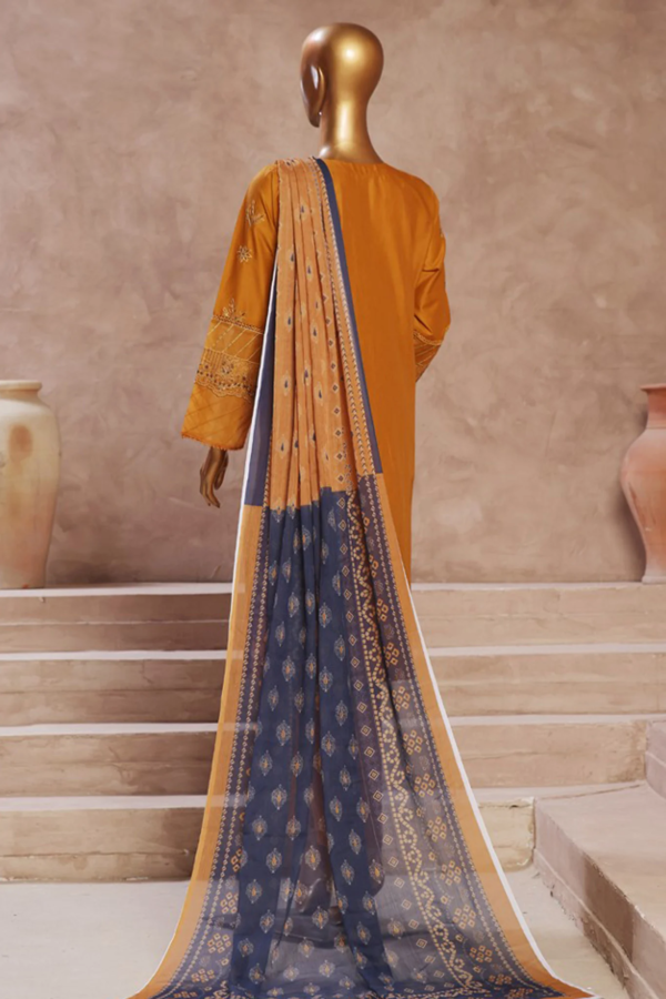 Bin Saeed Stitched 3 Piece Luxury Emb Cotton Collection - Mustard - Image 3