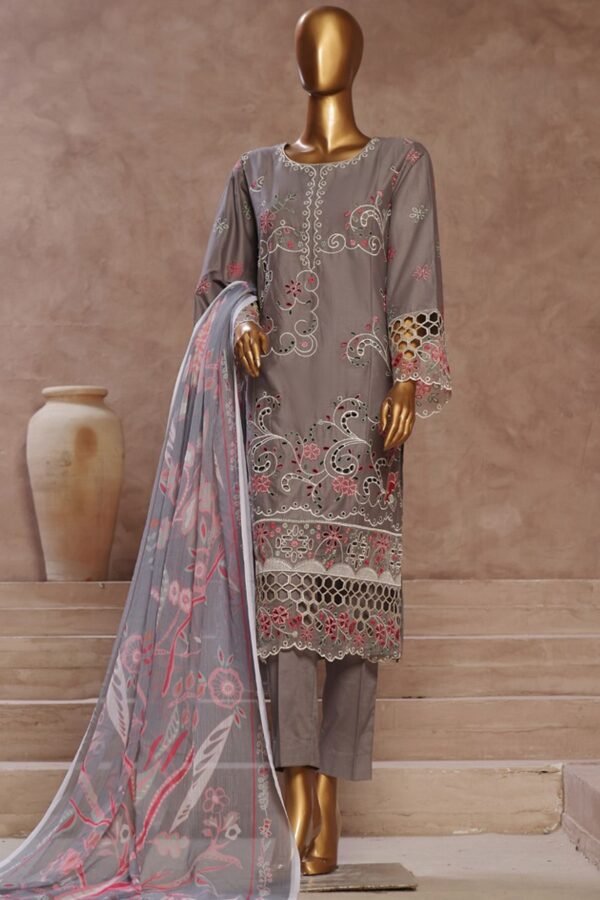Bin Saeed Stitched 3 Piece Luxury Emb Cotton Collection - Grey
