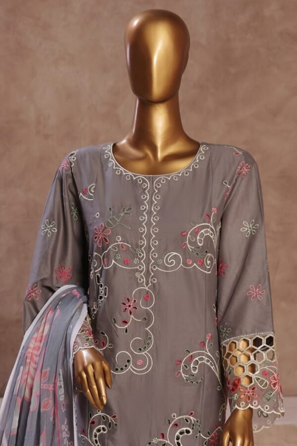 Bin Saeed Stitched 3 Piece Luxury Emb Cotton Collection - Grey - Image 2