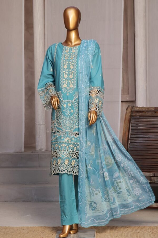 Bin Saeed Stitched 3 Piece Luxury Emb Cotton Collection - Ferozi